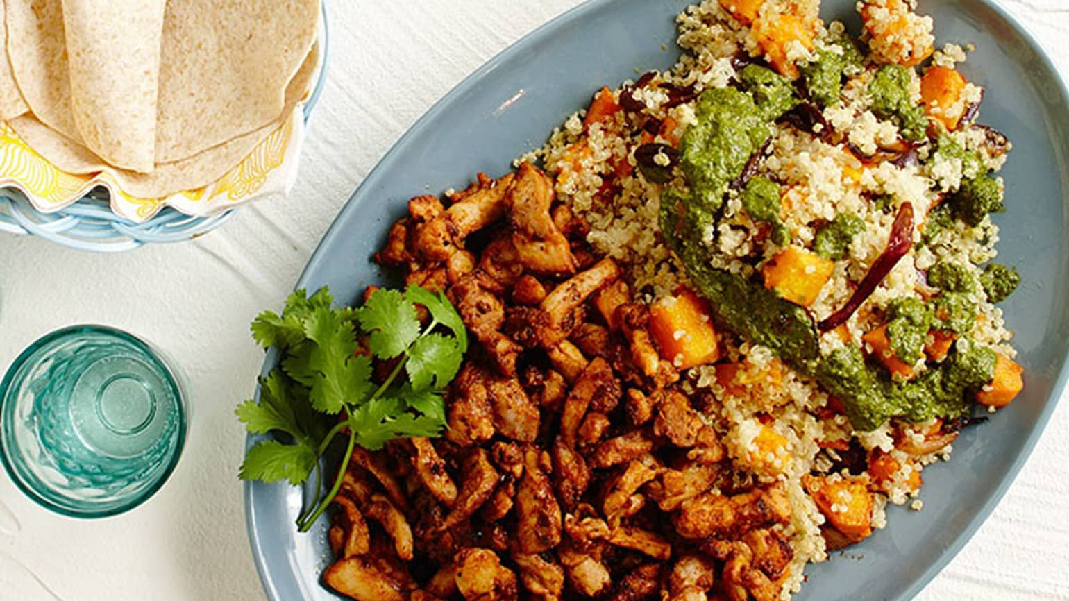 Whole Grain Soft Tacos with BBQ Chicken, Quinoa Salad with Recado Verde Dressing